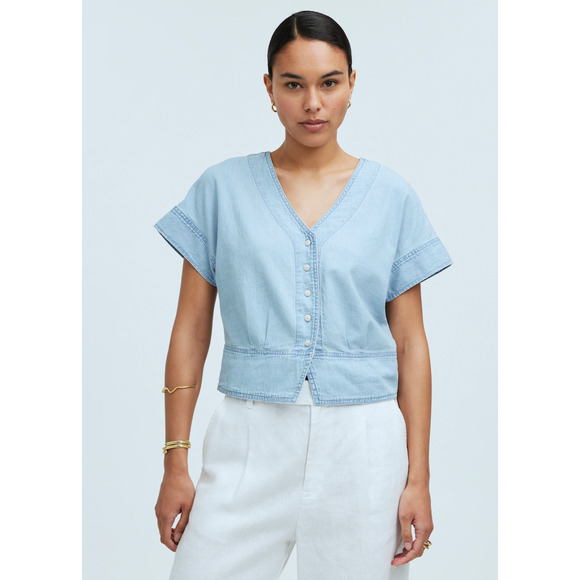Madewell Denim Pleated Short-Sleeve Top in Doral Wash NP039 Size XL $88 - Picture 1 of 9